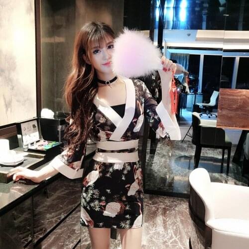 Ladies Fashion Womens Clothing Spring Summer Kimono Dresses V-neck Japan Style Bodycon Dress Print Female Clothing New