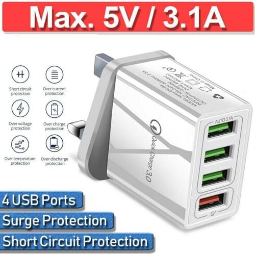 Pohiks 1pc 4 Ports QC 3.0 Fast Charging USB Charger Portable UK Plug Wall Mobile Charger Adapter for X-iaomi Tablet