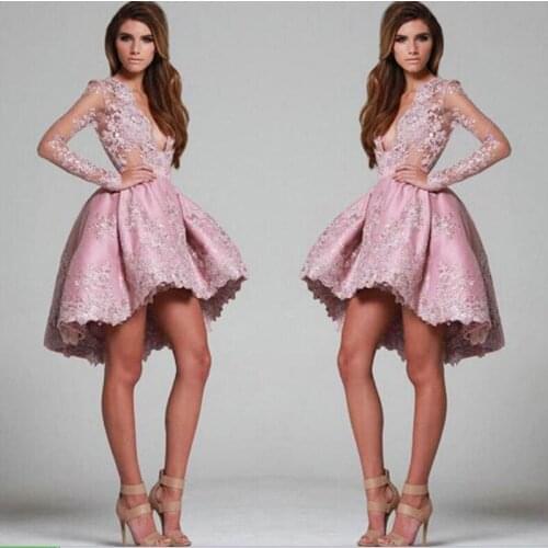 Hot Dusty Pink Prom Dress Mini Hi-low Full Sleeves Womens Special Occasion Party Dress Short Gowns Custom Made Lace A-line Dress