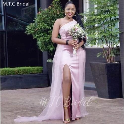 Dusty Pink Black Girls Bridesmaid Dresses One Shoulder Side Slit Mermaid Maid Of Honor Dress Plus Size Prom Gowns For Wedding