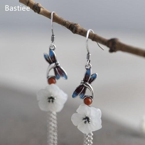 Bastiee Flower Earrings For Women Geometric Silver 925 Jewelry Vintage Jade Korean Earrings Golden Plated Sterling Silver