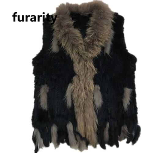 SF0047 Free shipping womens natural real rabbit fur vest with raccoon fur collar waistcoat/jackets rex rabbit knitted winter