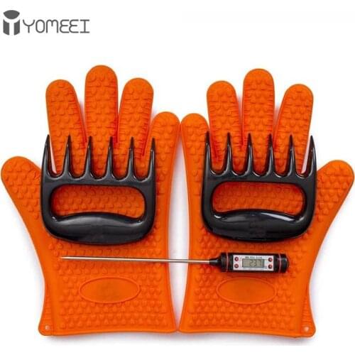YOMEEI Five pieces BBQ Tools Tongs Brush Thermometer Claws Gloves Barbecue Grilling Utensil Camping Outdoor Cooking Tool Set