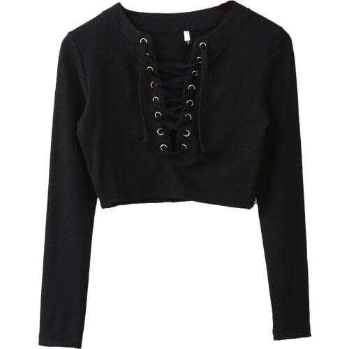 Women Lace-up T Shirt V Neck Loose T-Shirts Female Tshirt Long Sleeve Tees Tops Female Black Clothing