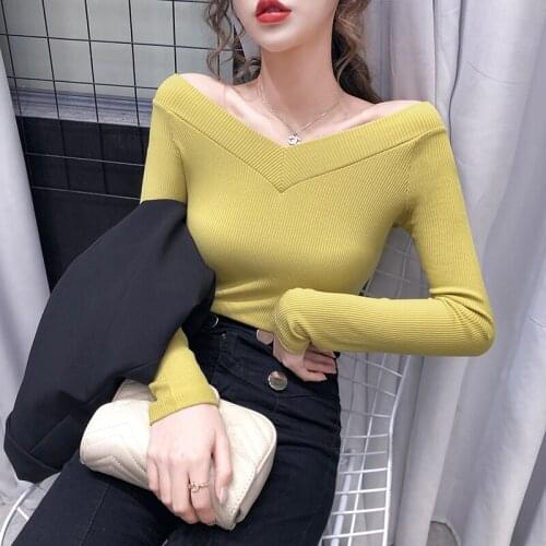 Women T-shirt Off Shoulder Knitting Tops Women Fashion Solid Long Sleeve Skinny T-shirts Women 2020 Spring Autumn T07603B