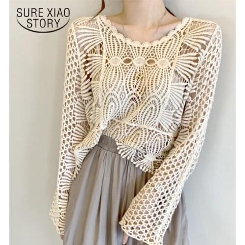 Korea Chic Elegant Round Neck Sweet Lace Hook Flower Hollow Design Joker Long Sleeve Sunscreen Shirt Woman Chemisier Femme 12693