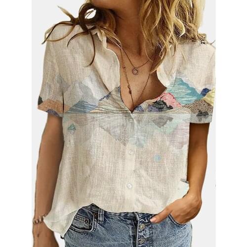 Landscape Flowers Short Sleeve Vintage Women T-shirt Patchwork Button Shirt Loose Print Plus Size Tops Women 2021 Summer