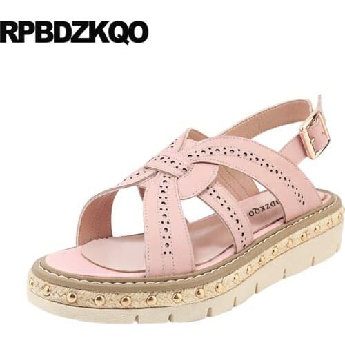 Pink plus size genuine leather large shoes 2019 women wedge platform sandals runway beige ladies slingback pumps summer flatform
