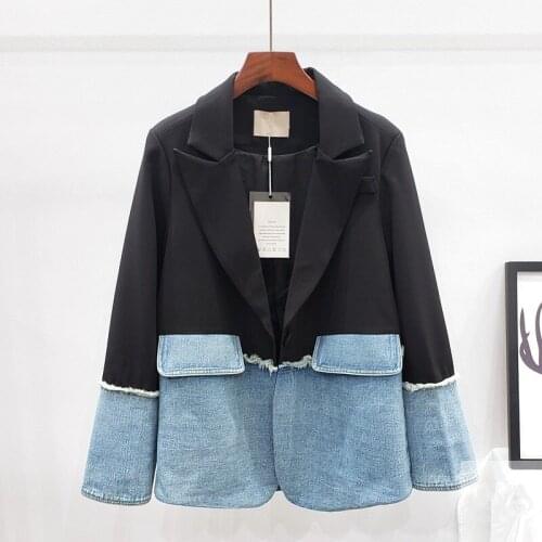 2021 Autumn Fashion Long sleeve Denim Splicing Suit Jacket Coat Women Outerwear Big size Loose Suit Coat Female Chaquetas Mujer