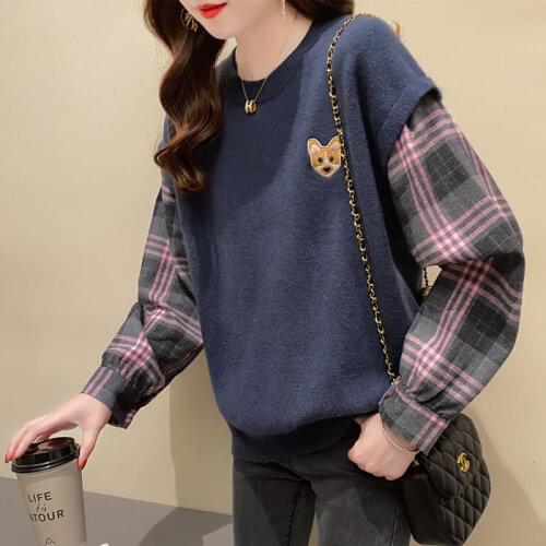 2021 New Fake Two-piece Sweater Women Loose Outer Wear All-match Pullover Sweater Spring and Autumn Tops