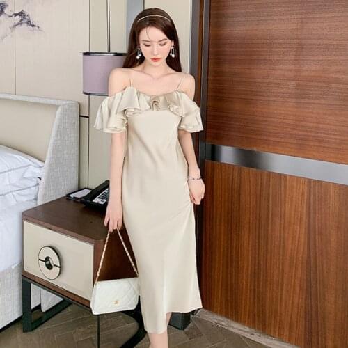 Fashion Summer French Sexy Slash Neck Satin Midi Party Dress Ladies Elegant Coffee Break Robe Vintage Strap Ruffle Beach Dress