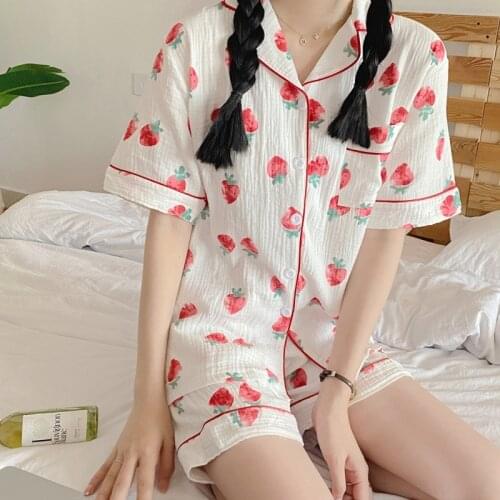 2021 Summer Short Sleeve 100% Cotton Shorts Pajama Sets for Women Print Sleepwear Suit Pyjama Homewear Pijama Mujer Home Clothes