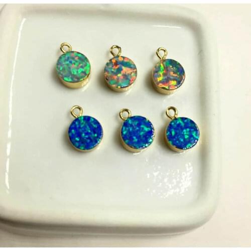 5PCS New 7mm Round Gold Color White and Blue Japanese Opal Charms Man-made Opal Small pendant Charms Jewelry for Necklace Making