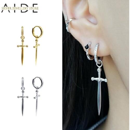 AIDE Punk Dagger Pendientes Hoop Earrings For Women Gothic Cross Pierced Earings Jewelry 925 Sterling Silver Earrings kolczyki