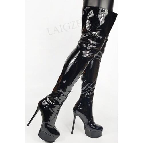 BERZIMER SUPER Women Thigh High Boots Black Patent Over Knee Boots Zip Up Female Ladies Basic Shoes Woman Large Size 39 43 44 45