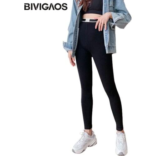 BIVIGAOS 2021 Autumn Winter New Patch Lable Knitted Velvet Black Pants Leggings Women Thick Slim High Elastic Warm Leggings