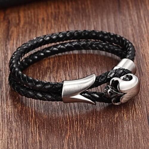 XQNI Stainless Steel Chain Bracelet Men Genuine Leather Bracelets Skull Toggle-clasps Fashion 21cm Leather Bracelet for women
