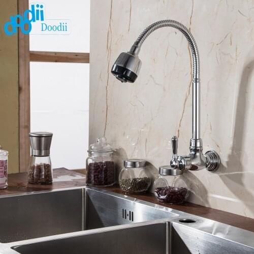 Doodii 360 Degree Rotatable Faucet High Quality Chrome Finish Swivel Spout Brass Kitchen Faucet Wall Mounted Cold Water Faucet