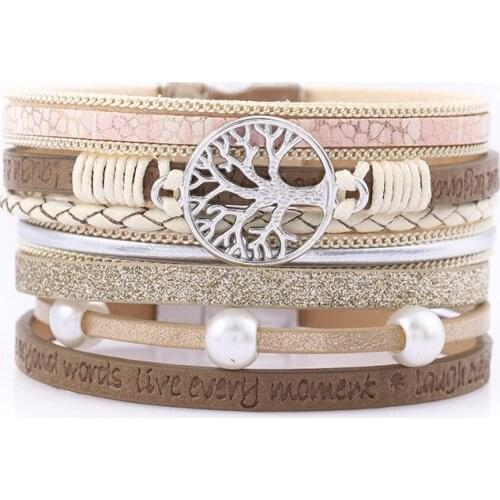 Tree of Life Leather Charm Bracelets for Women Fashion Couple Bracelet Pearl Bohemian Multilayer Wide Wrap Gifts