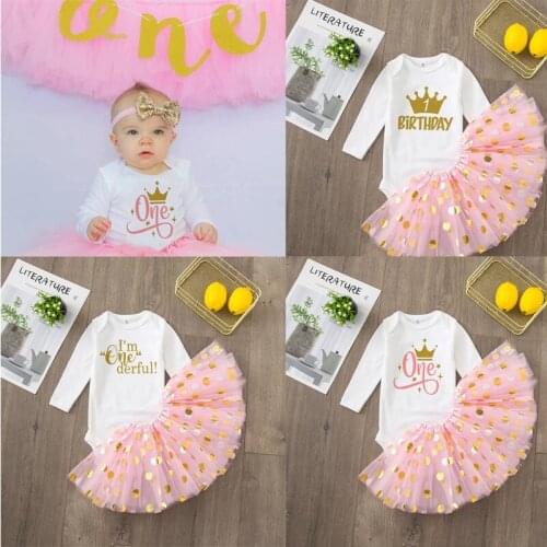 I'm Onederful First Birthday Baby Girl Birthday Dress Cute Pink Tutu Cake Outfits Infant Girls Baptism Clothes Without Glitter