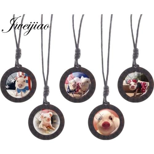 JWEIJIAO Mini Pet Pig Photo Fashion Necklace Rope Chains Wooden Pendant Necklace Small Pig Glass Cabochon Handmade Jewelry QF705