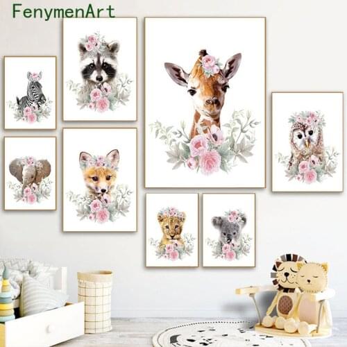 Pink Flowers Animal Canvas Painting Lovely Elephant Giraffe Lion Poster Print Nordic Wall Art Pictures Kids Room Nursery Decor
