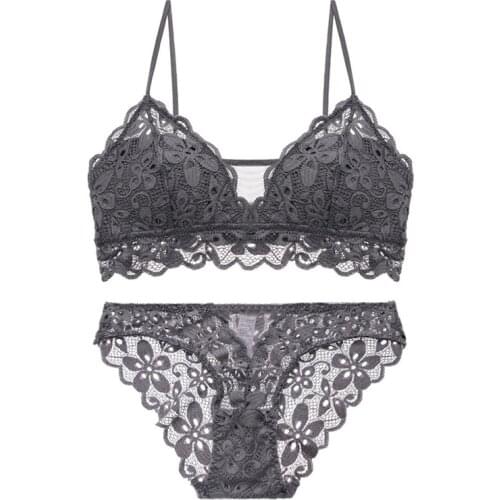 Floral Emborider Hollow Out Lace Wireless Bra and Panty Set Deep V Plunge French Underwear Thin Cup Lingerie Women Bralette