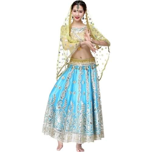 Halloween Christmas Women Belly Dance Outfits Indian Dance Hand-embroidered Bollywood Costume 4pcs Set (Top+Belt+Skirt+Sari)