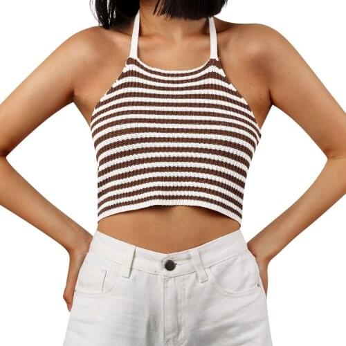Women Halter Crop Cami Tops Summer Ladies Sexy Sleeveless Striped Print Color Block Crochet Camisole