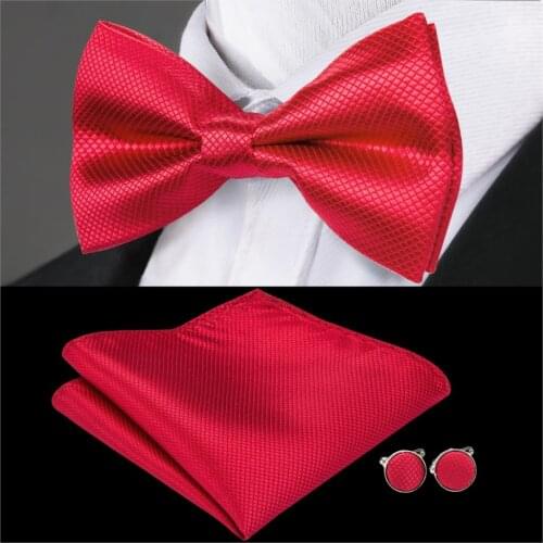 Men Solid Red Bowtie Set Silk Wedding Bows Pocket Square Cufflinks Pre-Tied Butterfly Groom Tie Adjustable Barry.Wang LH-800