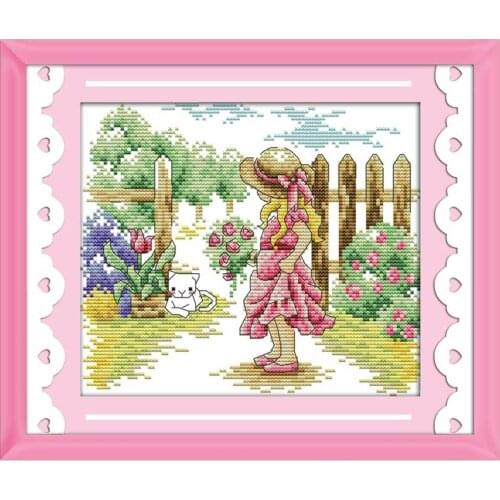 The girl seeing a cat counted 11CT 14CT DIY kit Chinese wholesale Cross Stitch embroidery needlework Sets home decor