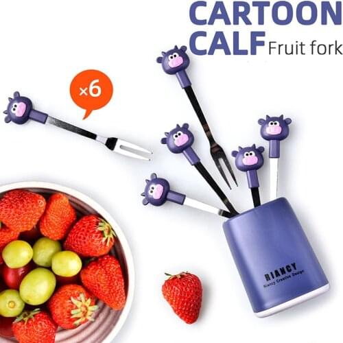 6pcs Cartoon calf Mini fruit fork set Stainless steel dessert cake fork Childrens lovely snack fork With storage tank