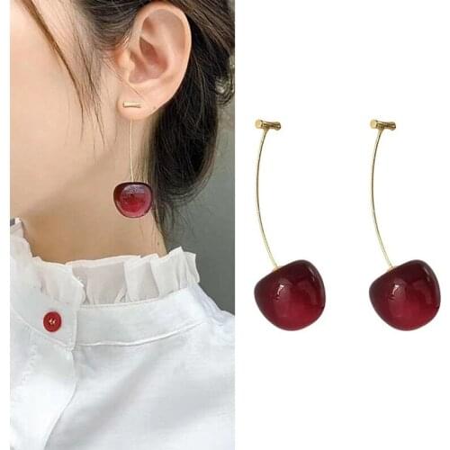 2021 New Arrival Dominated Acrylic Fashion Jewelry Fine Women Drop Earrings Sweet Fruit Cherry Modeling Long Dangle Earrings