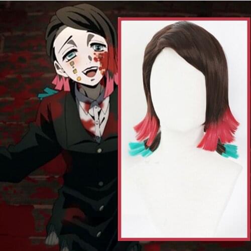 Anime Comic Demon Slayer Kimetsu no Yaiba Cosplay Wigs Enmu Cosplay Wig Heat Resistant Synthetic Wig Brown Short Hairs gradient