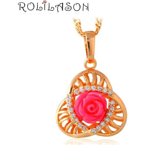 Rose language Pink for Declaration of love gold tone Crystal Fashion Jewelr Necklaces Pendants LN614