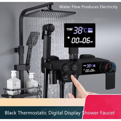 HOT Sell Thermostatic Digital Display Shower Faucet Set Rainfall Bathtub Tap with Storage Shelf Water Flow Produces Electricity