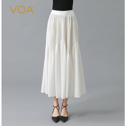 VOA 100% Silk Double Craft Jacquard White Skirts Womens Natural Waist Fold Invisible Lady Temperament Summer Solid Skirt CE82
