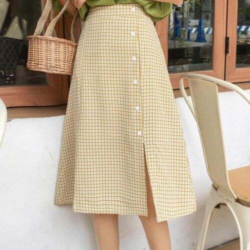 2020 Summer New Women High Waist Simple Plaid Thin Split A-line Skirt Casual All-match Women Long Skirt Fashion Free Shipping