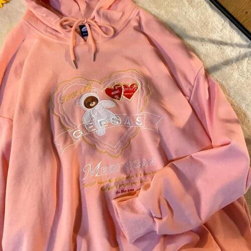 Chic Vintgae Bear Letter Embroidery Hoodies Sweatshirts Women Oversized Hip Hop Streetwear 2021 New Goth Fashion couples Clothes
