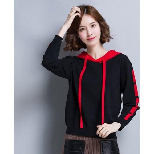 Color matching hooded sweater women spring and autumn 2021 new Korean version loose short sweater coat knit sweater top women