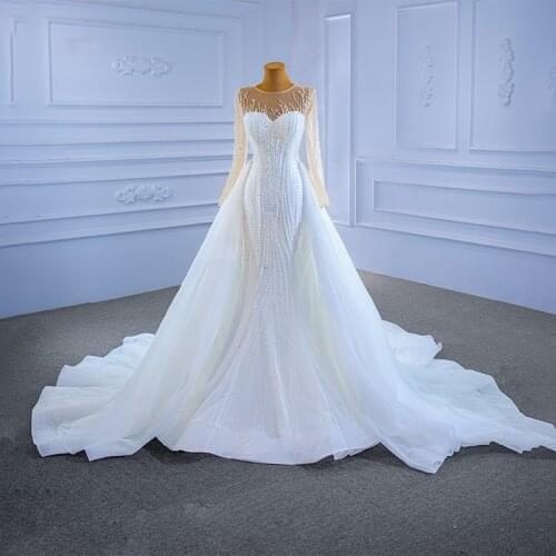 N.67315 White Fishtail Mermaid Wedding Dress 2021 New Beaded Beading Metal Sequins Long Sleeve Lace Sexy Party Event Gown