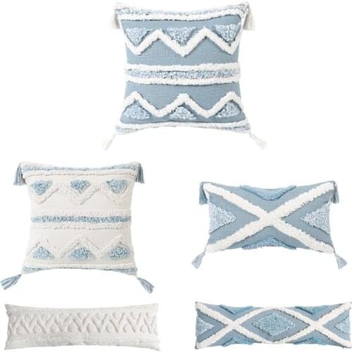 Bohemian Macrame Tufted Tassel Long Throw Pillow Case Blue Beige Textured Fringe Tribal Decorative Cushion Cover M6CE