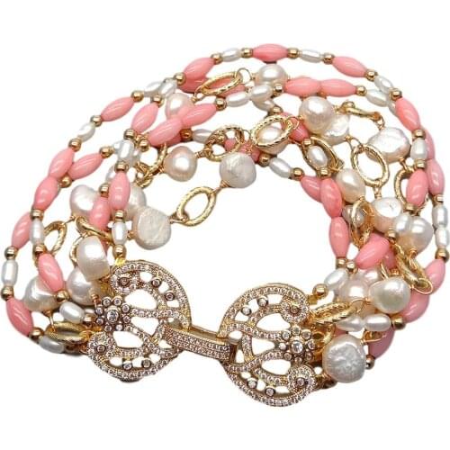 YYGEM 7 Strands Pink rice Coral Cultured White Baroque freshwater Pearl statement Bracelet 8" cute style for women