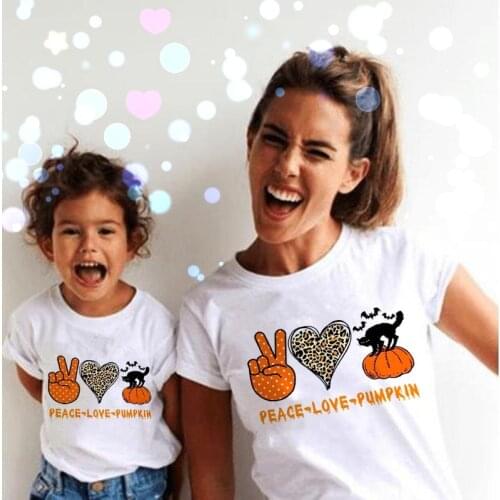 Peace Love Pumpkin Mommy Girl Tshirt Family Matching Clothes Mom Daughter Halloween Party T Shirt Cute Family Look Outfits Tops