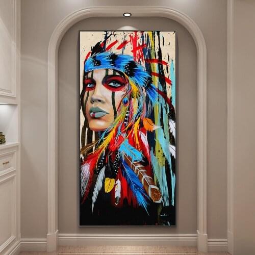 Colorful Feather Indian Woman Canvas Paintings on the Wall Art Posters and Prints Woman Portrait Wall Pictures Home Decoration
