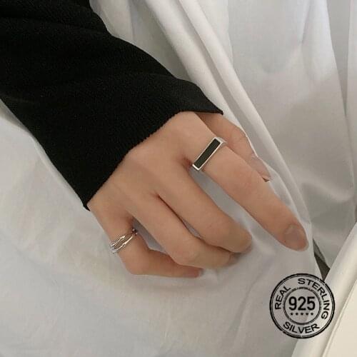 S925 Silver Rings For Women Opening Adjustable Black Rectangular Irregular Geometric Punk Lady Design Fashion Jewelry INEFFA