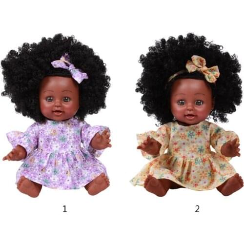 24cm/9in Cute Girl Doll w/ Black Curly Hair Purple/Yellow Dress Eyes-Open Lifelike African Reborns for Girls Dollhouse