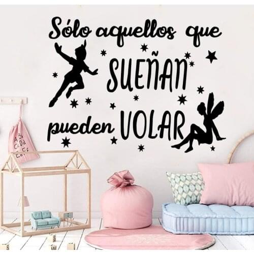 Cartoon Spanish Peter Pan Dream Fly Wall Sticker Kids Room Playroom Fairy Inspirational Quote Wall Decal Bedroo Vinyl Decor
