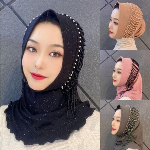 Muslim Woman Fashion Wrapped Turban Caps Headwear Islamic Beaded Hijab Arab Tassel Shawls Hat Chemo Hat Headscarf Bandana Bonnet