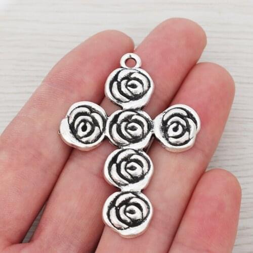 3pcs/Lot Tibetan Silver Color Rose Flower Cross Crucifix Charms Pendants for Jewelry Making 53x39mm